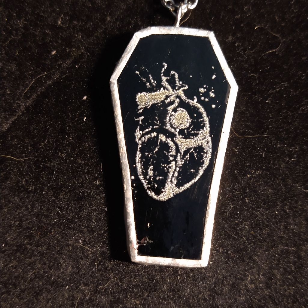 Black Stained Glass Anotomical Heart Coffin Pendant